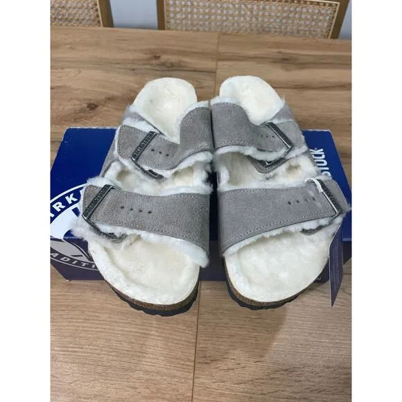 Birkenstock Arizona Shearling Sandals Suede Stone Coin Size 8 US 39 EU NIB