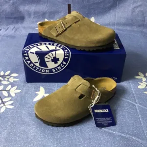 Birkenstock Boston Taupe Mules with Cork Footbed - Narrow