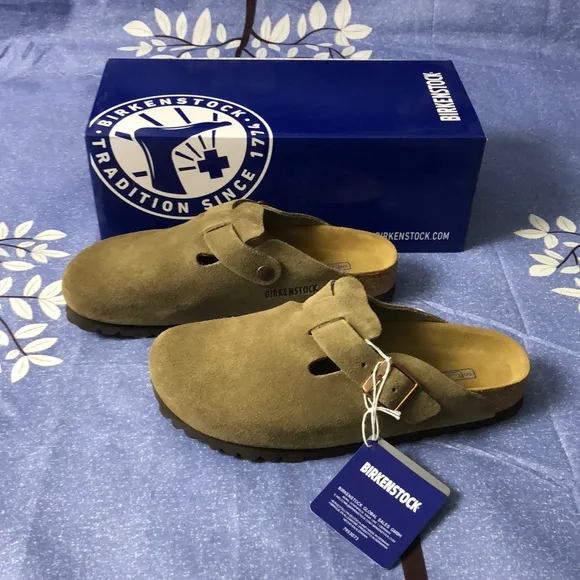 Birkenstock Boston Taupe Mules with Cork Footbed - Narrow