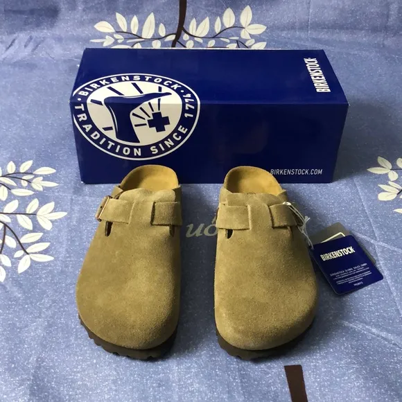 Birkenstock Boston Taupe Mules with Cork Footbed - Narrow