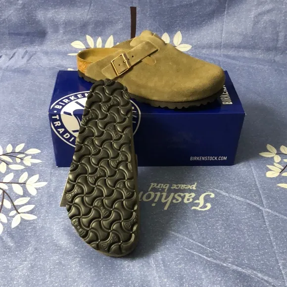 Birkenstock Boston Taupe Mules with Cork Footbed - Narrow