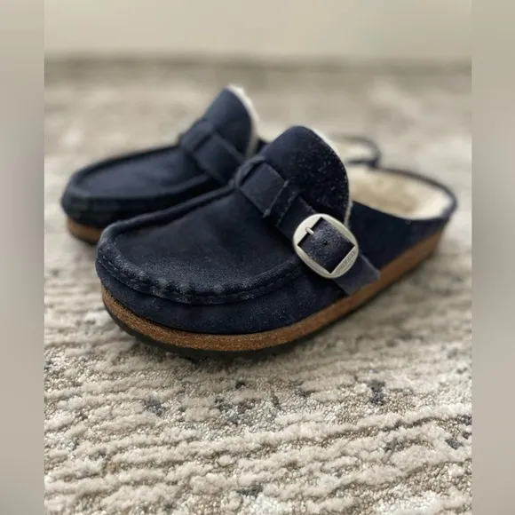 Birkenstock Buckley Shearling Mules Size 37 (us 6) Blue Suede Clogs Slip on