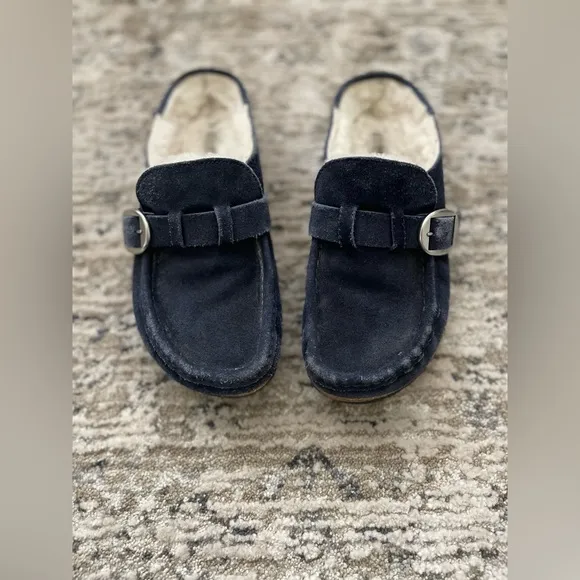 Birkenstock Buckley Shearling Mules Size 37 (us 6) Blue Suede Clogs Slip on