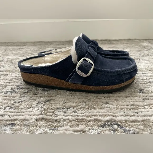 Birkenstock Buckley Shearling Mules Size 37 (us 6) Blue Suede Clogs Slip on
