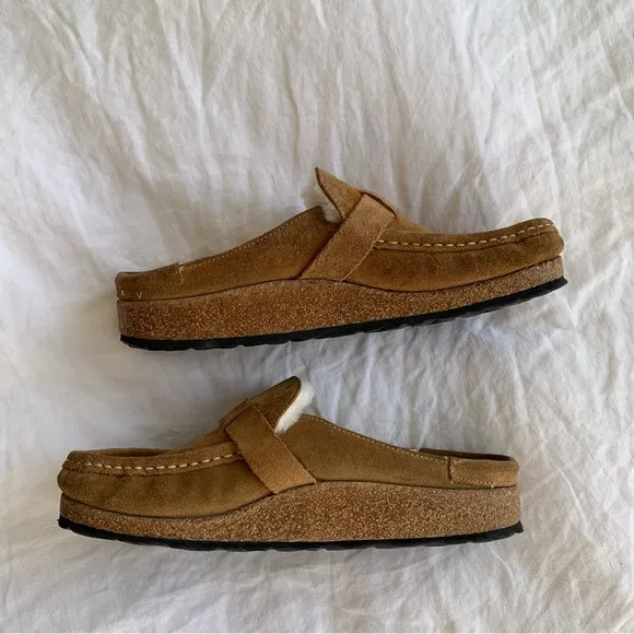 Birkenstock Buckley Shearling Suede Leather Buckle Clogs Mules