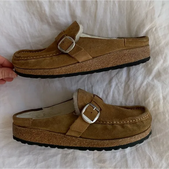 Birkenstock Buckley Shearling Suede Leather Buckle Clogs Mules