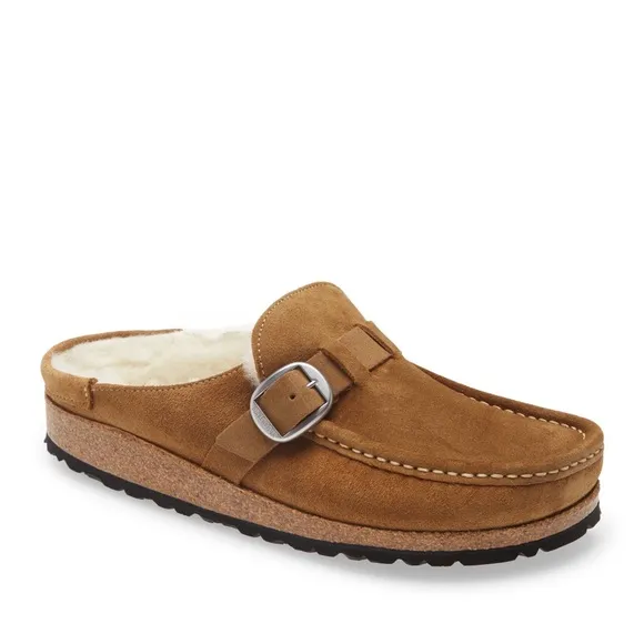 Birkenstock Buckley Shearling Suede Leather Buckle Clogs Mules