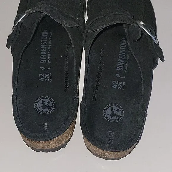 Birkenstock Buckley  Suede Black Buckled Mules Clogs EU 42 Regular Narrow Width