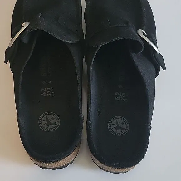Birkenstock Buckley  Suede Black Buckled Mules Clogs EU 42 Regular Narrow Width