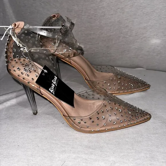 Bisou Bisou Crystal Studded Bejeweled Clear Lucite Pointed Pumps Heels Sz 10 NEW
