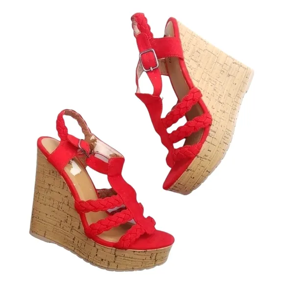 Black &amp; Poppy strappy platform Cork wedge heels size 6