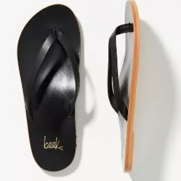Black Leather Seabird Flip Flop Thong Sandal by Beek