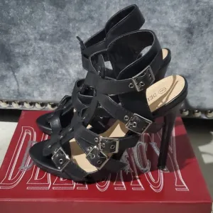 Black Strappy Buckle Sandal Stiletto High Heels