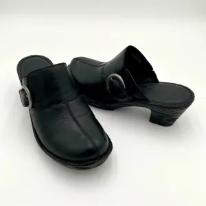 Born Leather Buckle Slip On Heeled Clogs Shoes Hand Crafted Footwear Black 9