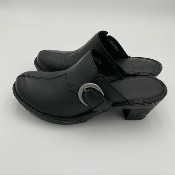 Born Leather Buckle Slip On Heeled Clogs Shoes Hand Crafted Footwear Black 9