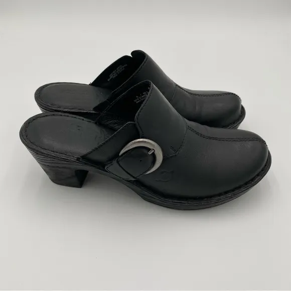 Born Leather Buckle Slip On Heeled Clogs Shoes Hand Crafted Footwear Black 9