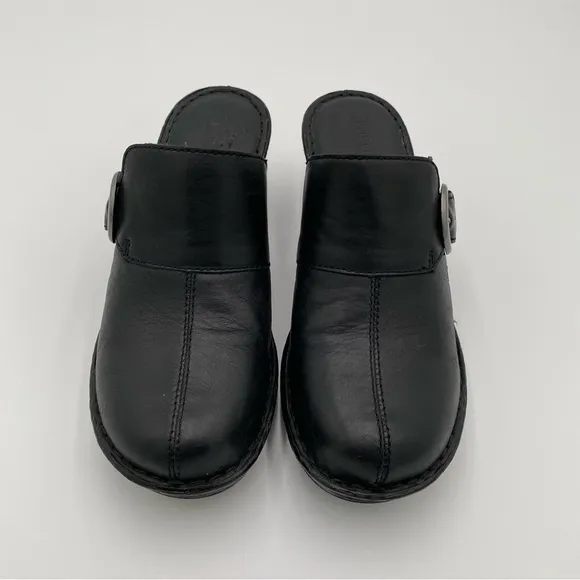Born Leather Buckle Slip On Heeled Clogs Shoes Hand Crafted Footwear Black 9