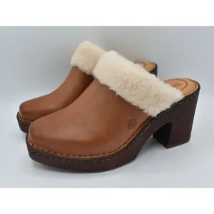 Born Womens Size 10 Hope Brown Full Grain Leather Shearling Slip On Heeled Clogs