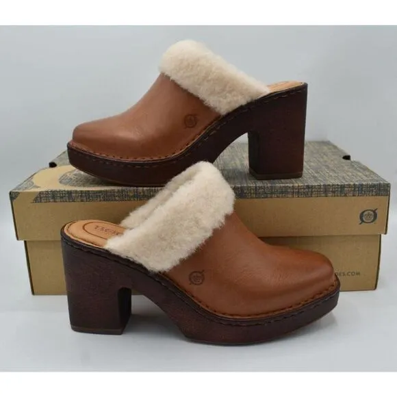 Born Womens Size 10 Hope Brown Full Grain Leather Shearling Slip On Heeled Clogs