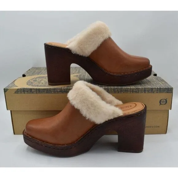 Born Womens Size 10 Hope Brown Full Grain Leather Shearling Slip On Heeled Clogs