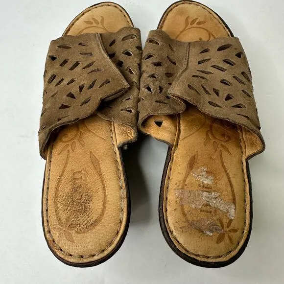 Born Womens size 9 Peep Toe Cut Out Leather Slip on Wedge Mules Casual Comfort