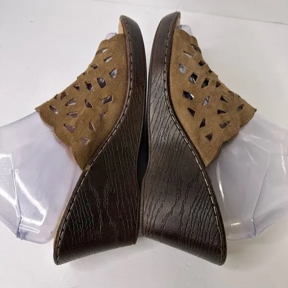 Born Womens size 9 Peep Toe Cut Out Leather Slip on Wedge Mules Casual Comfort