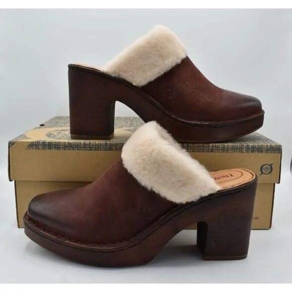 Born Womens Sz 10 Hope Shearling Lined Heeled Red Distressed Leather Clogs Shoes