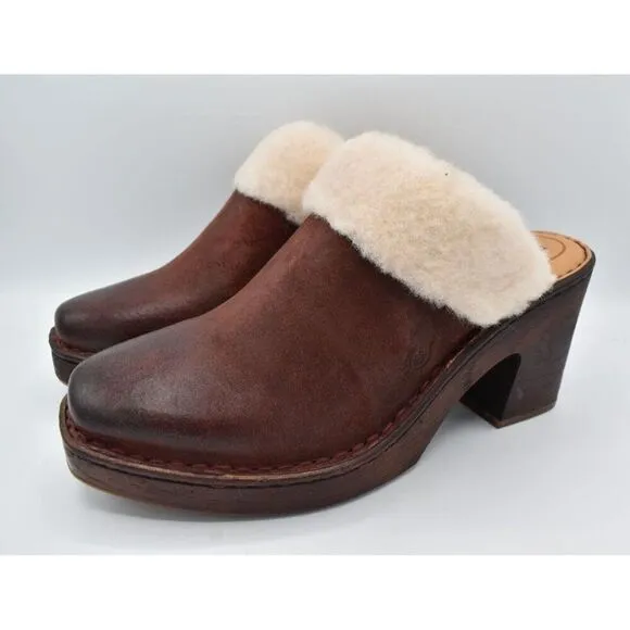 Born Womens Sz 10 Hope Shearling Lined Heeled Red Distressed Leather Clogs Shoes