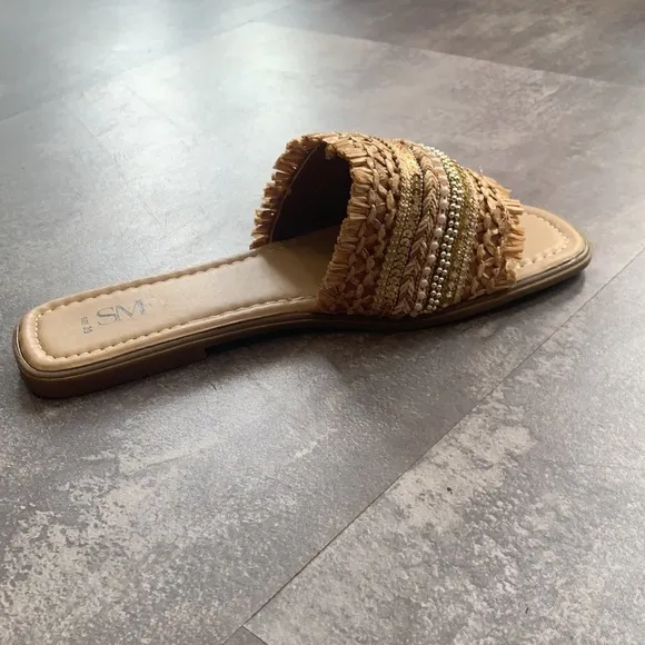 Braided Straw Slip-On Accented Leather Sandals