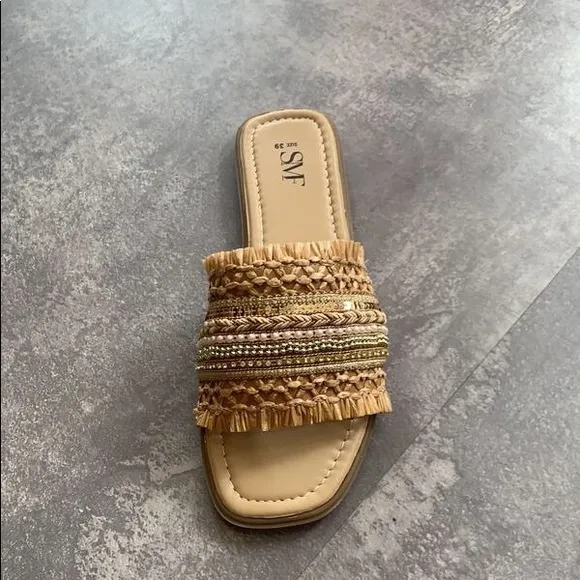 Braided Straw Slip-On Accented Leather Sandals