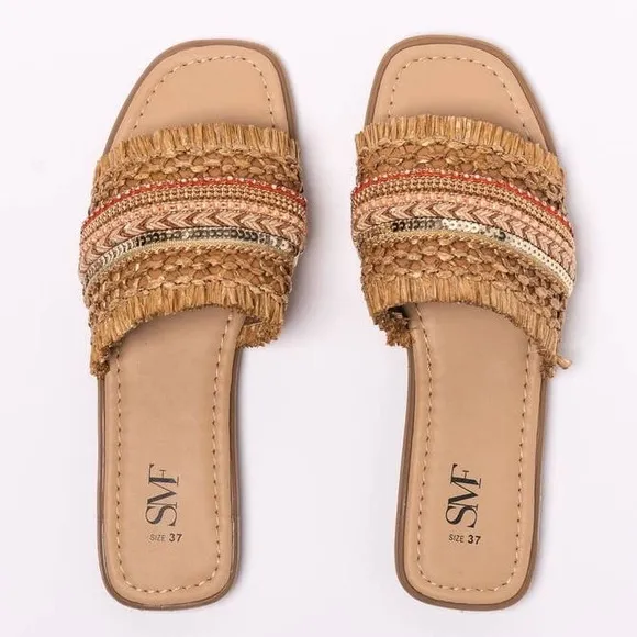Braided Straw Slip-On Accented Leather Sandals