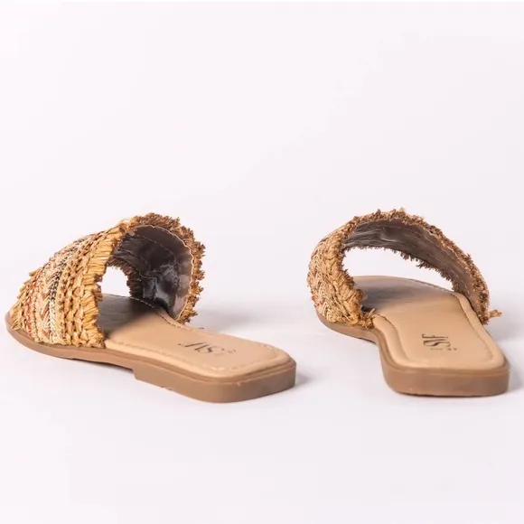 Braided Straw Slip-On Accented Leather Sandals