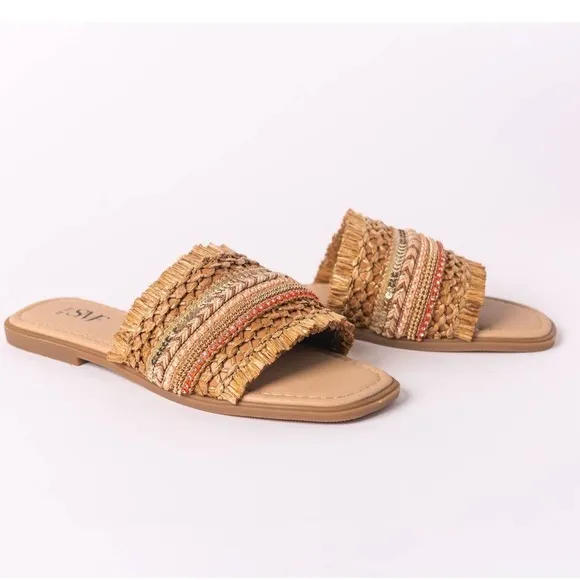 Braided Straw Slip-On Accented Leather Sandals