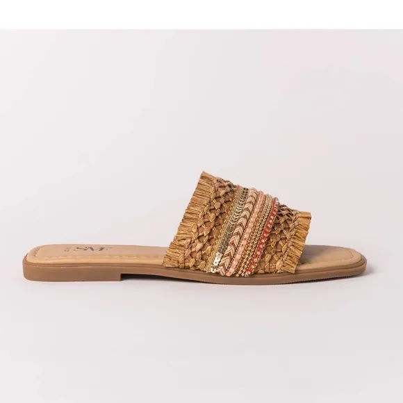 Braided Straw Slip-On Accented Leather Sandals