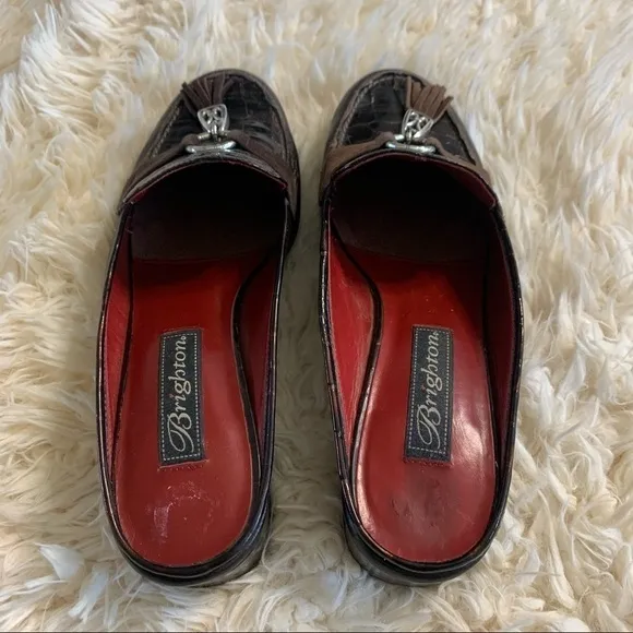 Brighton Alma Brown Croc Leather Tassel Mules Shoe