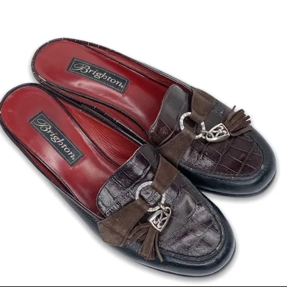 Brighton Alma Brown Croc Leather Tassel Mules Shoe