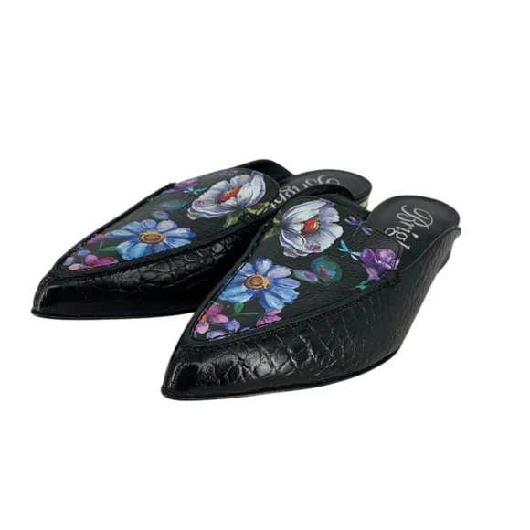 Brighton Everly Mules NEW Croc Embossed Black Floral Size 6.5 Italy $250