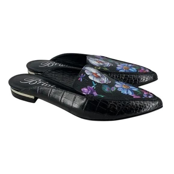 Brighton Everly Mules NEW Croc Embossed Black Floral Size 6.5 Italy $250