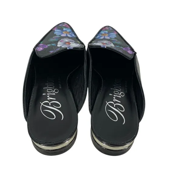Brighton Everly Mules NEW Croc Embossed Black Floral Size 6.5 Italy $250