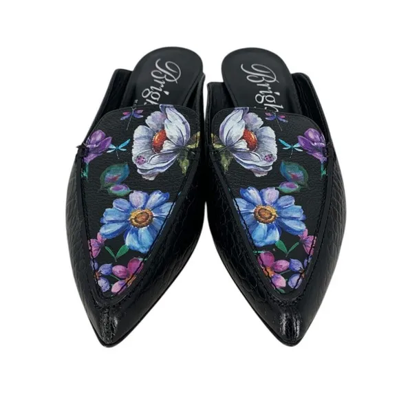 Brighton Everly Mules NEW Croc Embossed Black Floral Size 6.5 Italy $250