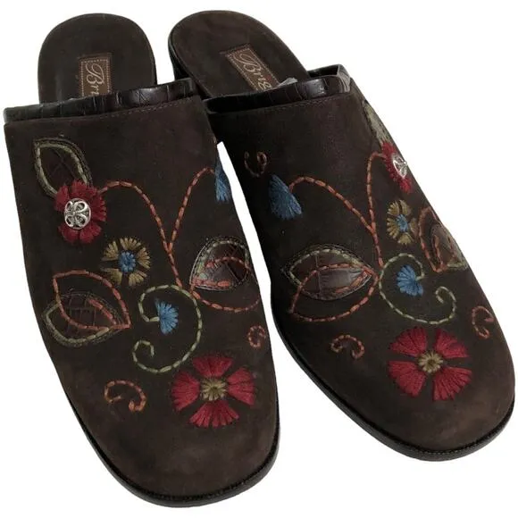Brighton Fiona Brown Embroidered Slip On Mules 8 EUC