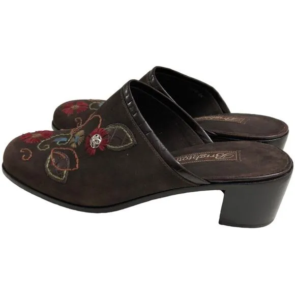 Brighton Fiona Brown Embroidered Slip On Mules 8 EUC