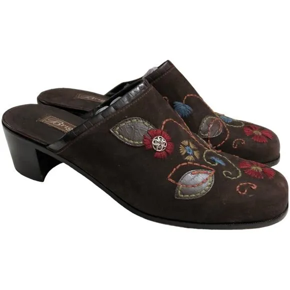 Brighton Fiona Brown Embroidered Slip On Mules 8 EUC