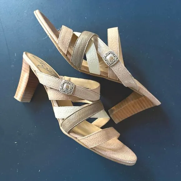 Brighton Rebel Neutral Slip On Kitten Heel Sandals Strappy Tan Formal Shoes 8M