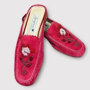 Brighton Women's Melani Red Suede Leather Beaded Slip On Mule Shoes Size 6M