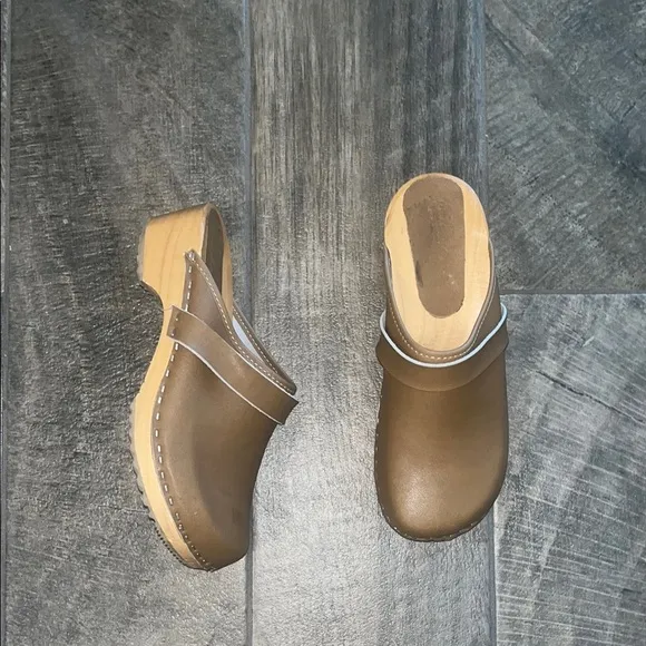Brown Bjork Swedish Comfort Leather Mules with 2” wooden heel