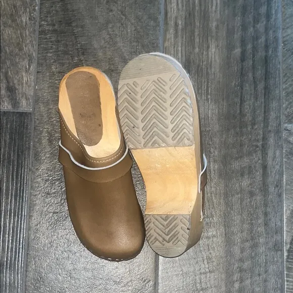 Brown Bjork Swedish Comfort Leather Mules with 2” wooden heel