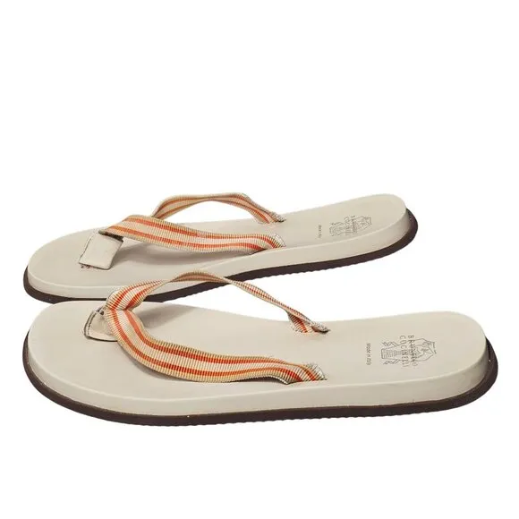 Brunello Cucinelli Leather Striped Flip Flops Men's Size 13 Neutral Tones