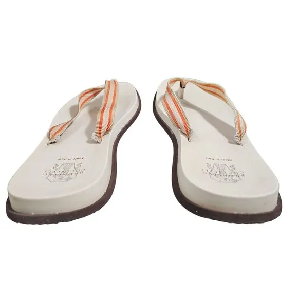 Brunello Cucinelli Leather Striped Flip Flops Men's Size 13 Neutral Tones