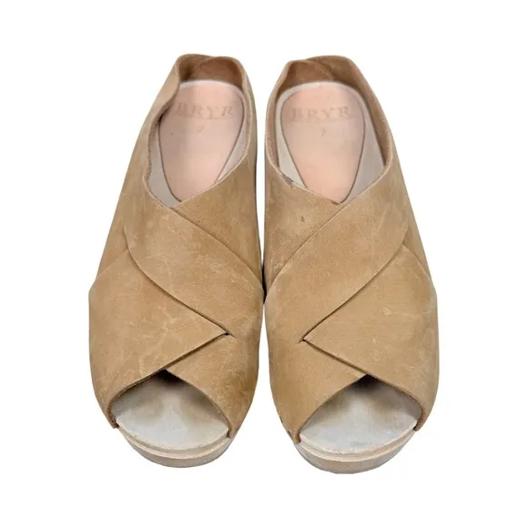 BRYR Sybil Leather Clogs Women's Tan Heeled Mules Wooden Platform